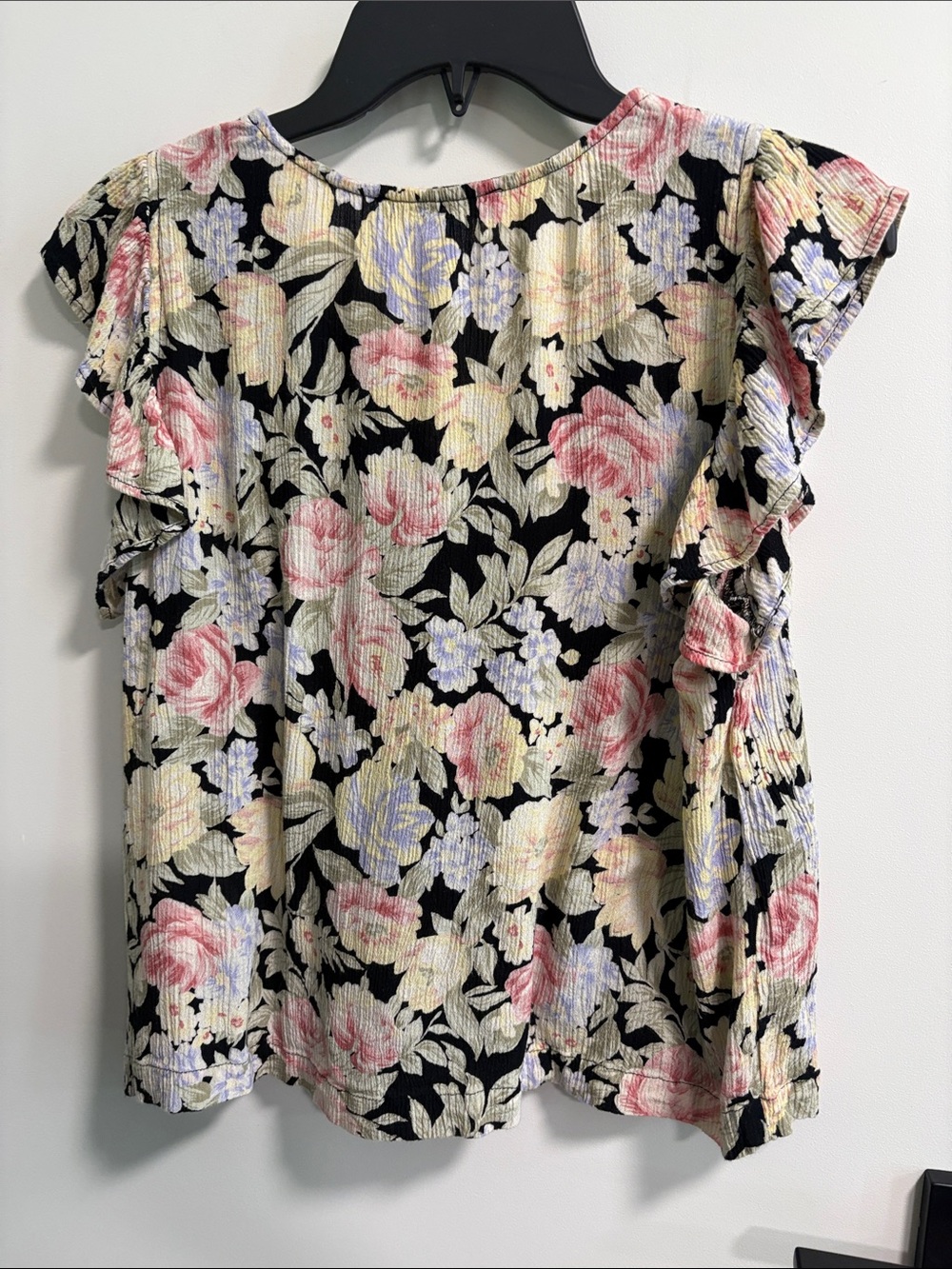 Black Tape_ Black Floral Ruffle Sleeve Blouse with Pink, Cream & Lavender Blooms